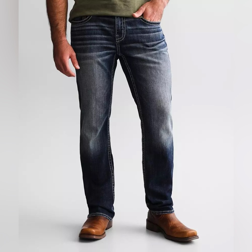 BKE Tyler Stretch Jeans Distressed Bootcut 32x32 in Dark Wash